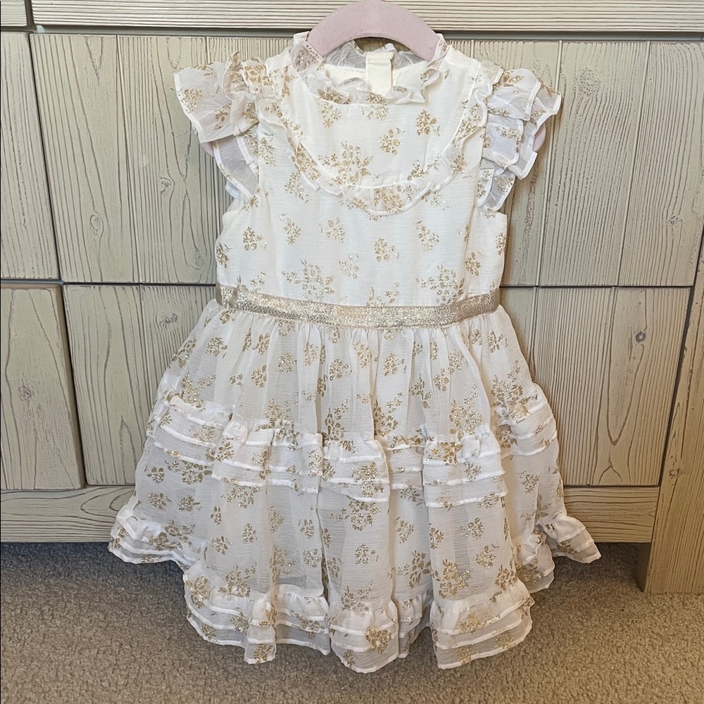 Janie and Jack Floral White and Gold Kids Holiday Christmas Dress